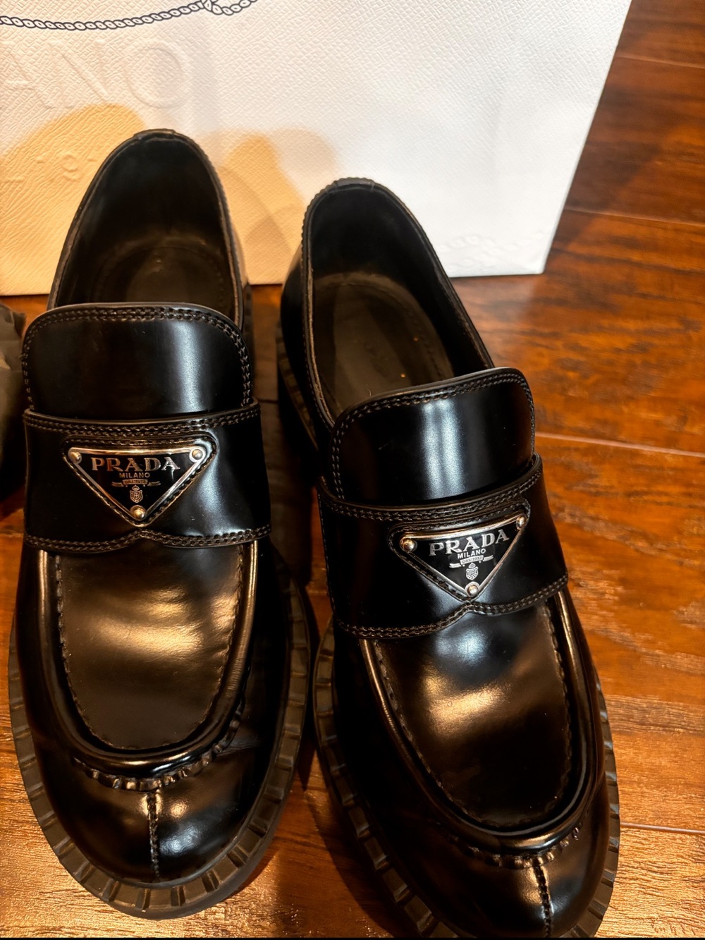 Prada Black Leather Logo Penny Loafers - Picture 4 of 5